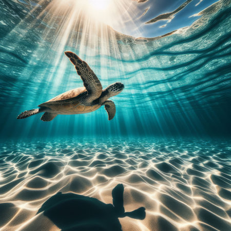Turtle swims in crystal clear open sea, with sun raysの素材