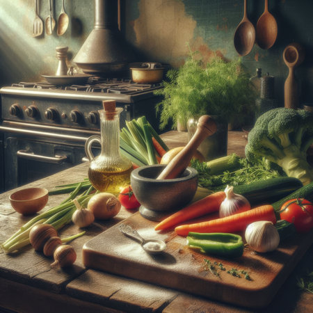 Vegetable preparation on a kitchen work surface chopping board, with ingredientsの素材