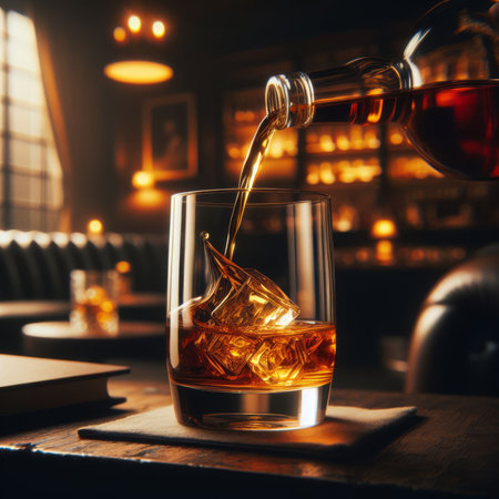Whisky glass sits on side table ready to be drunkの素材