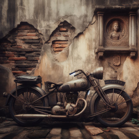 Old vintage motorcycle stand next to decaying old wallの素材