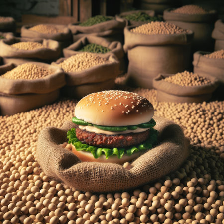 A veggie burger sitting in a sea of soya beans and harvest of hessian bags filled with beansの素材
