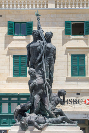 Valletta, Malta - May 9, 2017: The Sette Giugno monument is located in Palace Square, Valletta.のeditorial素材
