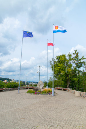 Gdynia, Poland - August 20, 2017: Monument to the defenders of the coast at 1939 with the European Union, Poland and Gdynia flags.のeditorial素材