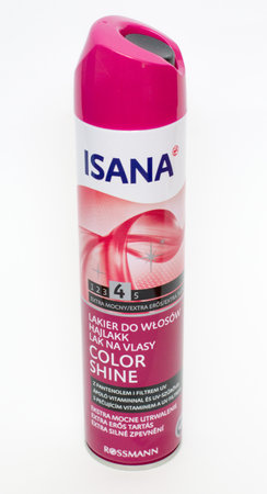 Pruszcz Gdanski, Poland - December 2, 2017: ISANA color shine hair lacquer from Rossmann.のeditorial素材