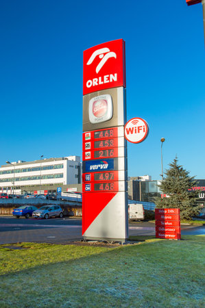 Gdansk, Poland - December 2, 2017: Price board on Orlen gas station.のeditorial素材