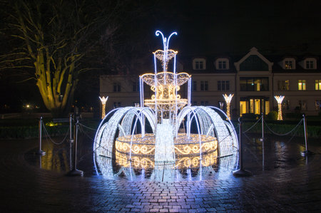 Gdansk, Poland - December 5, 2017: Winter christmas illumination at night in Oliwa park in Gdansk.のeditorial素材