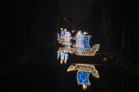 Gdansk, Poland - December 5, 2017: Winter christmas ships illumination at night in Oliwa park in Gdansk.のeditorial素材