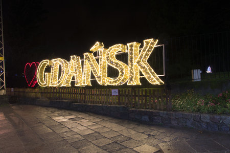 Gdansk, Poland - December 5, 2017: I love Gdansk christmas illumination at night near Oliwa park in Gdansk.のeditorial素材