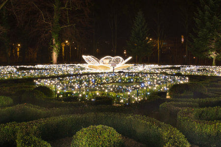 Gdansk, Poland - December 5, 2017: Beautiful Christmas illumination at night in Oliwa park in Gdansk.のeditorial素材