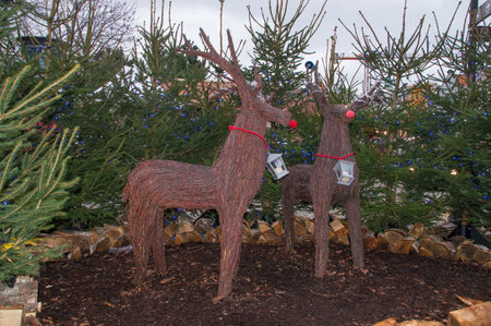 Gdansk, Poland - December 7, 2017: Reindeers as christmas decoration at Christmas fair on Targ Weglowy in old town of Gdansk.のeditorial素材