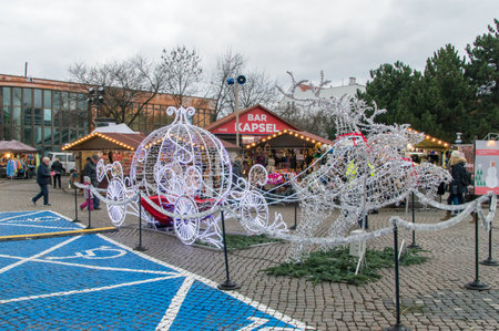Gdansk, Poland - December 7, 2017: Christmas decoration at Christmas fair on Targ Weglowy in old town of Gdansk.のeditorial素材