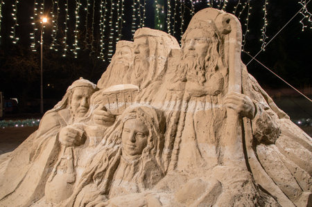 Gdansk, Poland - December 8, 2017: Sand Christmas Nativity scene at the square of war invalids.のeditorial素材