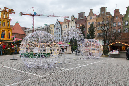 Gdansk, Poland - December 7, 2017: Christmas decoration at Christmas fair on Targ Weglowy in old town of Gdansk.のeditorial素材