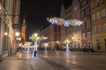 Gdansk, Poland - December 9, 2017: Long Lane in the Old Town of Gdansk with Christmas decoration at night.のeditorial素材