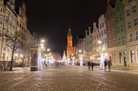Gdansk, Poland - December 9, 2017: Long Lane in the Old Town of Gdansk with Christmas decoration at night.のeditorial素材