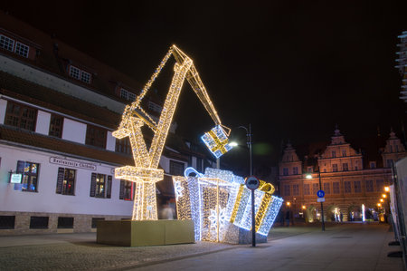 Gdansk, Poland - December 9, 2017: Gifts and crane as christmas decorations in the old town of Gdansk.のeditorial素材