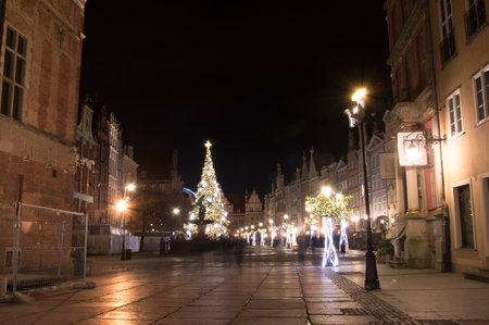 Gdansk, Poland - December 9, 2017: Long Lane in the Old Town of Gdansk with Christmas decoration at night.のeditorial素材