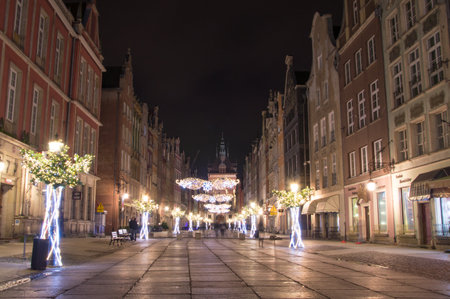 Gdansk, Poland - December 9, 2017: Long Lane in the Old Town of Gdansk with Christmas decoration at night.のeditorial素材