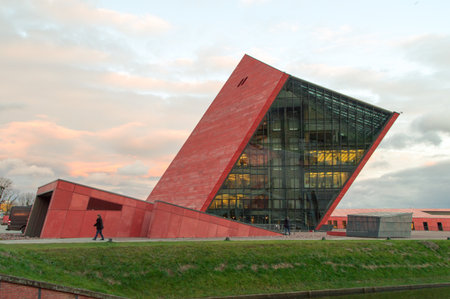 Gdansk, Poland - December 12, 2017: Building of the Museum of the Second World War during sunset.のeditorial素材