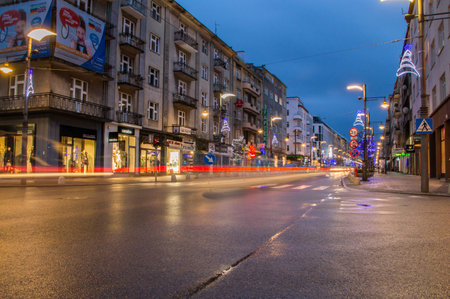 Gdynia, Poland - December 25, 2017: Swietojanska street at night during Christmas time.のeditorial素材