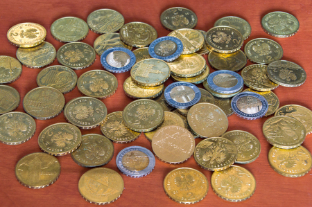 Polish 2 PLN and 5 PLN golden commemorative coins on wooden table.の写真素材