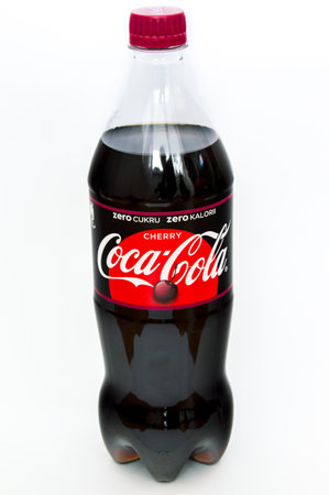 Pruszcz Gdanski, Poland - January 3, 2018: Coca-Cola Cherry Zero in 1000 ml plastic bottle on white background.のeditorial素材