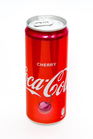 Pruszcz Gdanski, Poland - January 3, 2018: Can of 330 ml Coca-Cola Cherry on white background.のeditorial素材