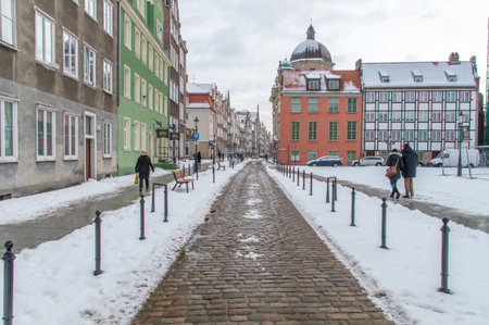 Gdansk, Poland - January 17, 2018: Holy Spirit street in the old town of Gdansk at winter time.のeditorial素材