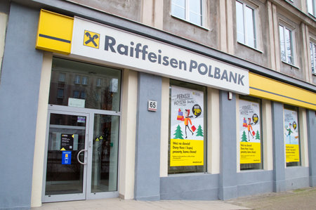 Gdansk, Poland - January 14, 2018: Logo of Raiffeisen Polbank in Gdansk.のeditorial素材