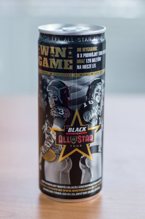Pruszcz Gdanski, Poland - January 30, 2018: Promotional can of Black energy drink.