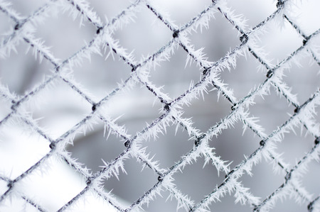 Hoarfrost on metal fence mesh with bokeh background.の写真素材