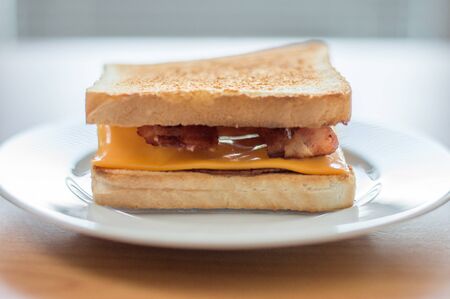 Toast with cheese and bacon.の写真素材