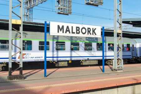 Malbork, Poland - April 4, 2017: Malbork sign on train station.