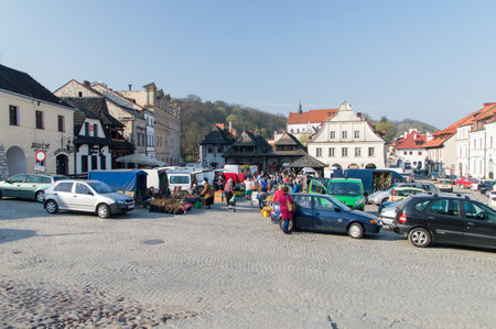 Kazimierz Dolny, Poland - April 13, 2018: Market square with unidentified people in the old town of Kazimierz Dolny.のeditorial素材