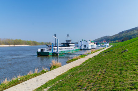 Kazimierz Dolny, Poland - April 13, 2018: Promenade on the Vistula River Vistula river in Kazimierz Dolny, Poland.のeditorial素材