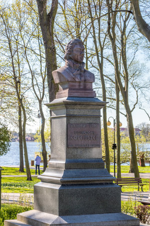 Ostroda, Poland - April 20, 2018: Tadeusz Kosciuszko bust to PKP employees in park in Ostroda.のeditorial素材
