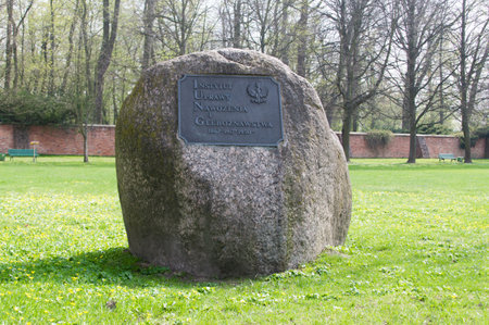 Pulawy, Poland - April 13, 2018: Stone of Institute for the cultivation of soil and science.のeditorial素材