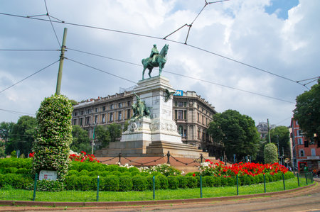 Milan, Italy - May 29, 2018: Bronze statue of Giuzeppe Garibaldi on horse in Milan, Italy.のeditorial素材