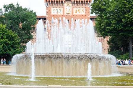 Milan, Italy - May 29, 2018: di Piazza Castello fountain near Sforza castle.のeditorial素材