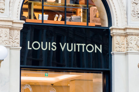 Milan, Italy - May 29, 2018: Louis Vuitton logo at the Galleria Vittorio Emanuele II.