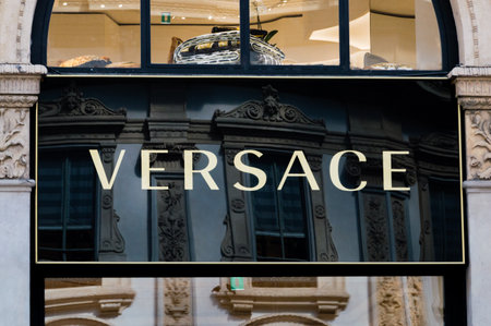 Milan, Italy - May 29, 2018: Versace logo at the galleria Vittorio Emanuele II.
