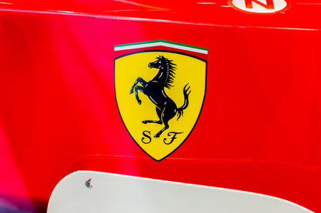 Milan, Italy - May 29, 2018: Close-up for Ferrari logo on Formula One car at Ferrari store in...