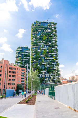 Milan, Italy - May 29, 2018: Bosco Verticale, vertical forest apartment buildingsのeditorial素材