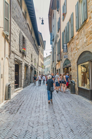 Bergamo, Italy - May 30, 2018: Via Bartolomeo Colleoni Street.のeditorial素材