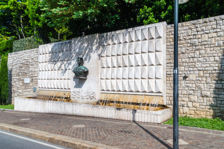 Bergamo, Italy - May 30, 2018: Fountain to Italian aviator and journalist Antonio Locatelli.のeditorial素材