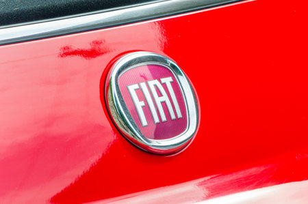 Bergamo, Italy - May 30, 2018: Fiat logo on a red car body.のeditorial素材