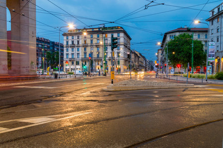 Milan, Italy - May 30, 2018: Crossroads near Porta Ticinese at night.のeditorial素材