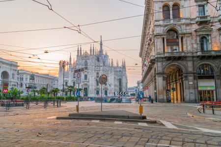 Milan, Italy - May 31, 2018: Piazza del Duomo or Cathedral Square at sunrise.のeditorial素材