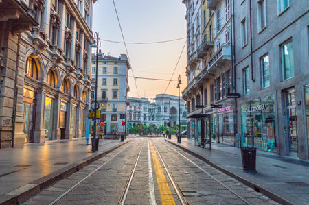 Milan, Italy - May 31, 2018: View for Duomo Square from Via Torino street in the sunrise.のeditorial素材
