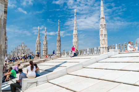 Milan, Italy - May 31, 2018: Tourists on the roof terrace of Milan Cathedral.のeditorial素材